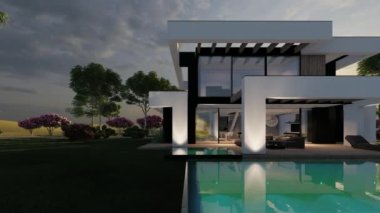 Havuzu ve satılık park yeri olan, lüks tarzı olan ve arka planda güzel peyzajı olan modern rahat evin 4K video görüntüsü. Günbatımı akşamı