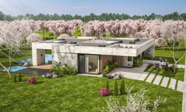 3d rendering of new concrete house in modern style with pool and parking for sale or rent and beautiful landscaping on background. Fresh spring day with a blooming trees with flowers of sakura.