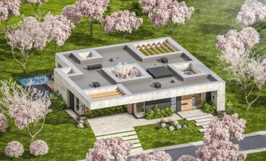 3d rendering of new concrete house in modern style with pool and parking for sale or rent and beautiful landscaping on background. Fresh spring day with a blooming trees with flowers of sakura.