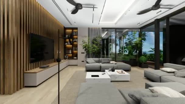 4K视频渲染现代舒适的内部与生活 就餐区楼梯和厨房出售或租赁与木板在海上或海洋 有昂贵家具和设备的宽敞公寓 — 图库视频影像