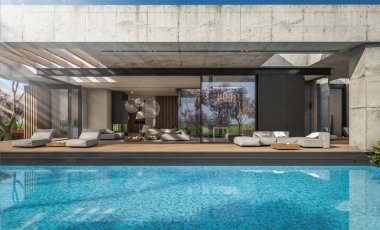 3d rendering of new concrete house in modern style with pool and parking for sale or rent and beautiful landscaping on background. Fresh spring day with a blooming trees with flowers of sakura.