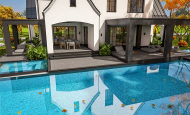 3d rendering of cute cozy white and black modern Tudor style house with parking  and pool for sale or rent with beautiful landscaping. Fairy roofs. Clear sunny autumn day with golden leaves anywhere