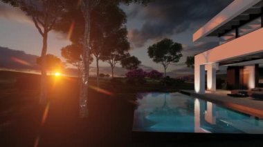 Havuzu ve satılık park yeri olan, lüks tarzı olan ve arka planda güzel peyzajı olan modern rahat evin 4K video görüntüsü. Günbatımı akşamı