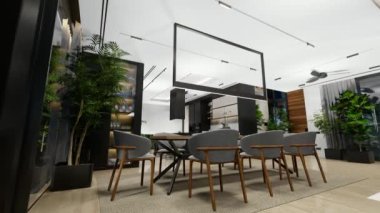 4K video rendering of modern cozy interior with living,dining zone stair and kitchen for sale or rent with wood plank by the sea or ocean. Spacious apartments with expensive furniture and equipment.