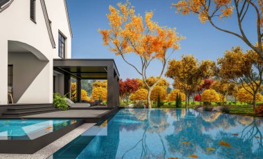 3d rendering of cute cozy white and black modern Tudor style house with parking  and pool for sale or rent with beautiful landscaping. Fairy roofs. Clear sunny autumn day with golden leaves anywhere