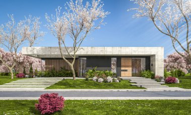 3d rendering of new concrete house in modern style with pool and parking for sale or rent and beautiful landscaping on background. Fresh spring day with a blooming trees with flowers of sakura.