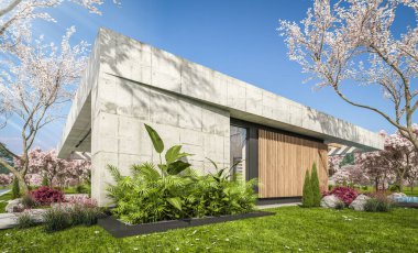 3d rendering of new concrete house in modern style with pool and parking for sale or rent and beautiful landscaping on background. Fresh spring day with a blooming trees with flowers of sakura.