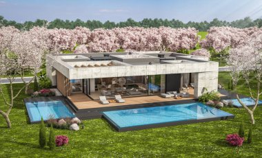 3d rendering of new concrete house in modern style with pool and parking for sale or rent and beautiful landscaping on background. Fresh spring day with a blooming trees with flowers of sakura.