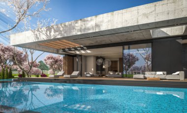 3d rendering of new concrete house in modern style with pool and parking for sale or rent and beautiful landscaping on background. Fresh spring day with a blooming trees with flowers of sakura.