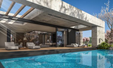 3d rendering of new concrete house in modern style with pool and parking for sale or rent and beautiful landscaping on background. Fresh spring day with a blooming trees with flowers of sakura.