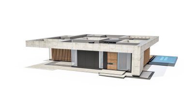 3d rendering of new concrete house in modern style with pool and parking for sale or rent only one floor in evening. Isolated on white