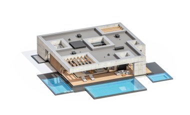 3d rendering of new concrete house in modern style with pool and parking for sale or rent only one floor in evening. Isolated on white