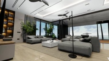 4K video rendering of modern cozy interior with living,dining zone stair and kitchen for sale or rent with wood plank by the sea or ocean. Spacious apartments with expensive furniture and equipment.