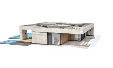 3d rendering of new concrete house in modern style with pool and parking for sale or rent only one floor in evening. Isolated on white