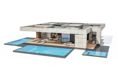 3d rendering of new concrete house in modern style with pool and parking for sale or rent only one floor in evening. Isolated on white