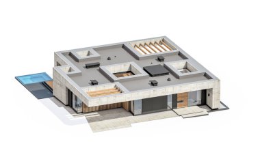 3d rendering of new concrete house in modern style with pool and parking for sale or rent only one floor in evening. Isolated on white