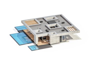 3d rendering of new concrete house in modern style with pool and parking for sale or rent only one floor in evening. Isolated on white