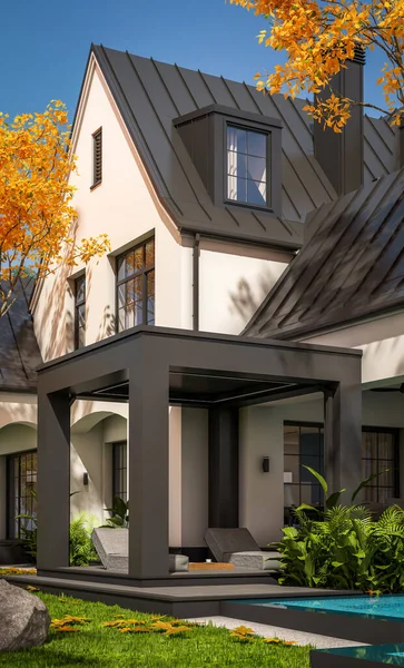Rendering Cute Cozy White Black Modern Tudor Style House Parking — Φωτογραφία Αρχείου