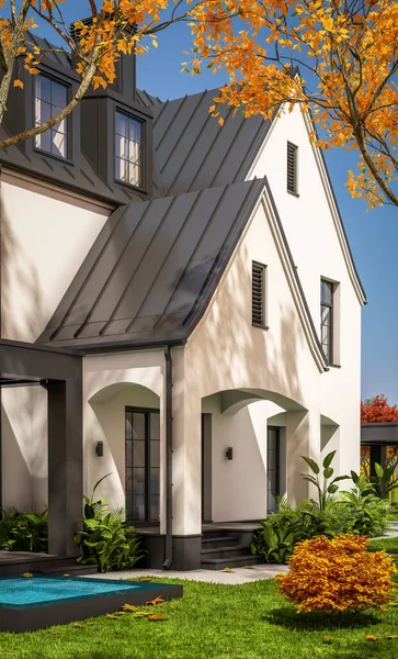 Rendering Cute Cozy White Black Modern Tudor Style House Parking — Foto de Stock
