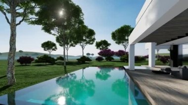 Havuzu ve satılık park yeri olan, lüks tarzı olan ve arka planda güzel peyzajı olan modern rahat evin 4K video görüntüsü. Açık mavi gökyüzü ile güneşli yaz günü.