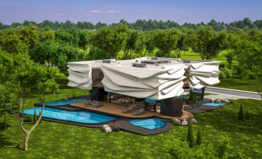 Biyonik doğal kıvrımları olan, park yeri ve havuzu satılık veya güzel manzaralı şirin, rahat, modern bir ev. Mavi gökyüzü açık güneşli bir yaz günü