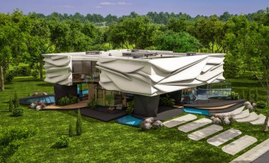 Biyonik doğal kıvrımları olan, park yeri ve havuzu satılık veya güzel manzaralı şirin, rahat, modern bir ev. Mavi gökyüzü açık güneşli bir yaz günü