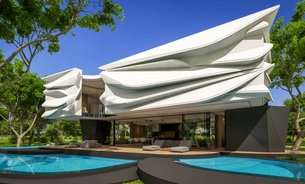 Rendering Rumah Modern Yang Nyaman Dengan Bentuk Plastik Kurva Alami — Stok Foto