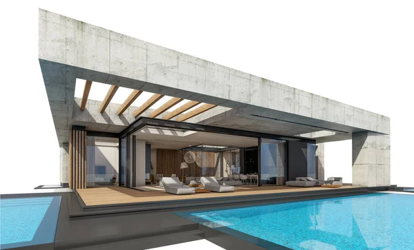 Rendering New Concrete House Modern Style Pool Parking Sale Rent — Stock fotografie
