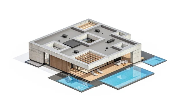 Rendering New Concrete House Modern Style Pool Parking Sale Rent — Stok fotoğraf
