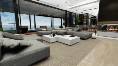 4K video rendering of modern cozy interior with living,dining zone stair and kitchen for sale or rent with wood plank by the sea or ocean. Spacious apartments with expensive furniture and equipment.