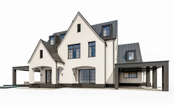 3D渲染可爱舒适的白色和黑色现代都铎风格的房子与停车场和游泳池出售或租金与美丽的景观 仙女们的屋顶与白种人隔离 — 图库照片