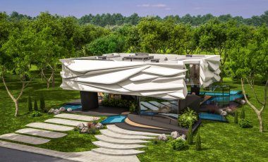 Biyonik doğal kıvrımları olan, park yeri ve havuzu satılık veya güzel manzaralı şirin, rahat, modern bir ev. Mavi gökyüzü açık güneşli bir yaz günü