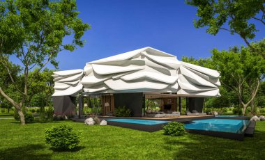 Biyonik doğal kıvrımları olan, park yeri ve havuzu satılık veya güzel manzaralı şirin, rahat, modern bir ev. Mavi gökyüzü açık güneşli bir yaz günü