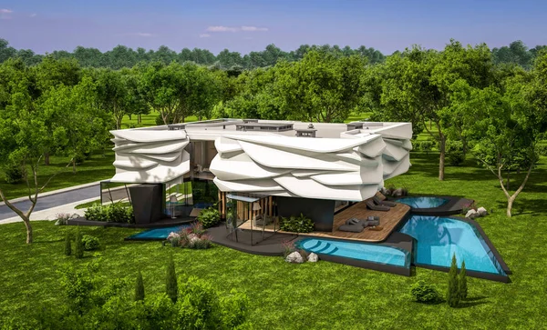 Rendering Van Schattig Gezellig Modern Huis Met Bionische Natuurlijke Rondingen — Stockfoto
