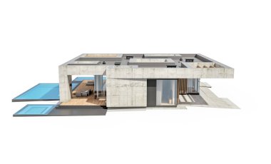 3d rendering of new concrete house in modern style with pool and parking for sale or rent only one floor in evening. Isolated on white
