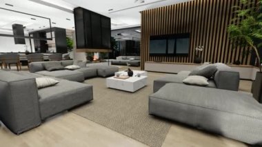 4K video rendering of modern cozy interior with living,dining zone stair and kitchen for sale or rent with wood plank by the sea or ocean. Spacious apartments with expensive furniture and equipment.