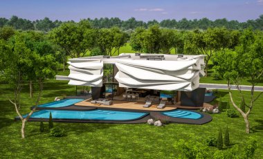 Biyonik doğal kıvrımları olan, park yeri ve havuzu satılık veya güzel manzaralı şirin, rahat, modern bir ev. Mavi gökyüzü açık güneşli bir yaz günü