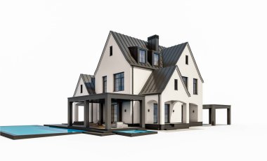 Üç boyutlu şirin, beyaz ve siyah, modern Tudor tarzı bir ev. Park yeri ve havuzu satılık ya da güzel peyzajlı. Peri çatıları. Beyazda izole edilmiş