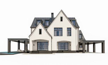 Üç boyutlu şirin, beyaz ve siyah, modern Tudor tarzı bir ev. Park yeri ve havuzu satılık ya da güzel peyzajlı. Peri çatıları. Beyazda izole edilmiş