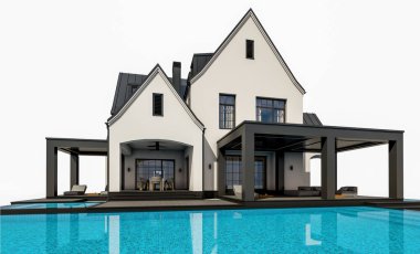 Üç boyutlu şirin, beyaz ve siyah, modern Tudor tarzı bir ev. Park yeri ve havuzu satılık ya da güzel peyzajlı. Peri çatıları. Beyazda izole edilmiş