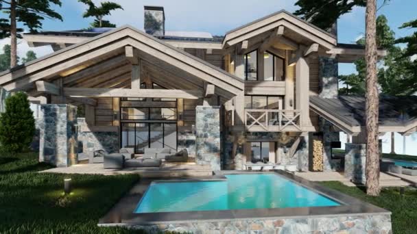 Video Rendering Modern Cozy Chalet Pool Parking Sale Rent Beautiful — Vídeo de stock