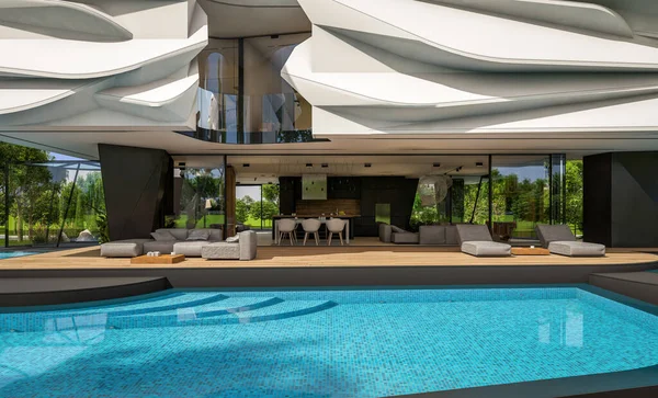 3D渲染可爱舒适的现代住房仿生自然曲线塑料形式的停车场和游泳池出售或租赁美丽的风景 晴朗的夏日 — 图库照片