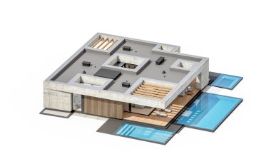 3d rendering of new concrete house in modern style with pool and parking for sale or rent only one floor in evening. Isolated on white