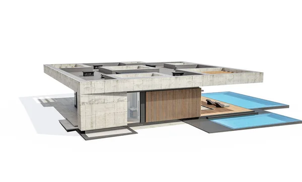 Vykreslení Nového Betonového Domu Moderním Stylu Bazénem Parkováním Prodej Nebo — Stock fotografie