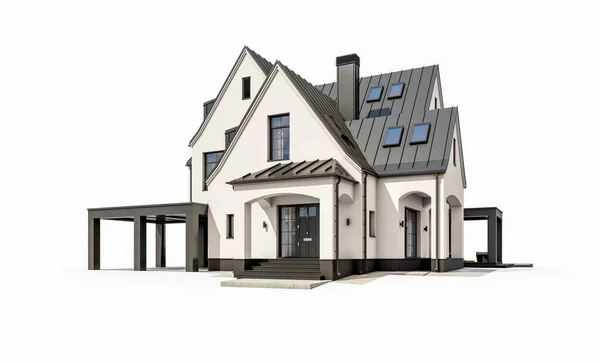 Rendering Cute Cozy White Black Modern Tudor Style House Parking — Stock Photo, Image