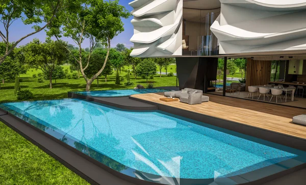 3D渲染可爱舒适的现代住房仿生自然曲线塑料形式的停车场和游泳池出售或租赁美丽的风景 晴朗的夏日 — 图库照片