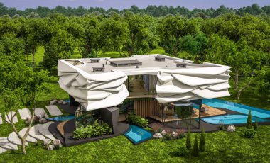 Biyonik doğal kıvrımları olan, park yeri ve havuzu satılık veya güzel manzaralı şirin, rahat, modern bir ev. Mavi gökyüzü açık güneşli bir yaz günü