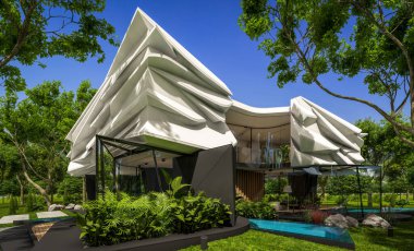 Biyonik doğal kıvrımları olan, park yeri ve havuzu satılık veya güzel manzaralı şirin, rahat, modern bir ev. Mavi gökyüzü açık güneşli bir yaz günü