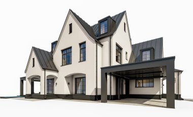 Üç boyutlu şirin, beyaz ve siyah, modern Tudor tarzı bir ev. Park yeri ve havuzu satılık ya da güzel peyzajlı. Peri çatıları. Beyazda izole edilmiş