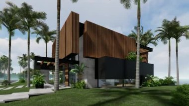 Deniz ya da okyanus kıyısında park yeri ve havuzu olan ya da ahşap cepheli modern bir evin 4K video görüntüsü. Sahilde güneşli bir gün Tropikal adada palmiye ve çiçeklerle